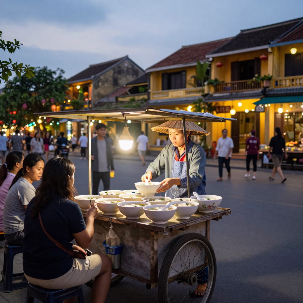 Hoi An Vietnam street food vendor serving soup bowls under glowing lanterns at dusk in in Hoi An, Vietnam