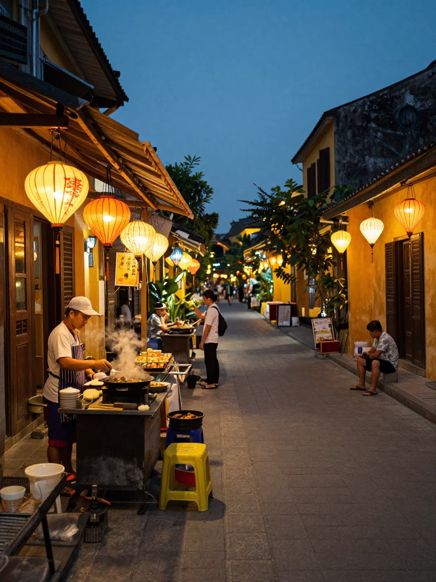 Hoi An Vietnam Street Scene at Dusk with Bun Cha and Embroidery in in Hoi An, Vietnam