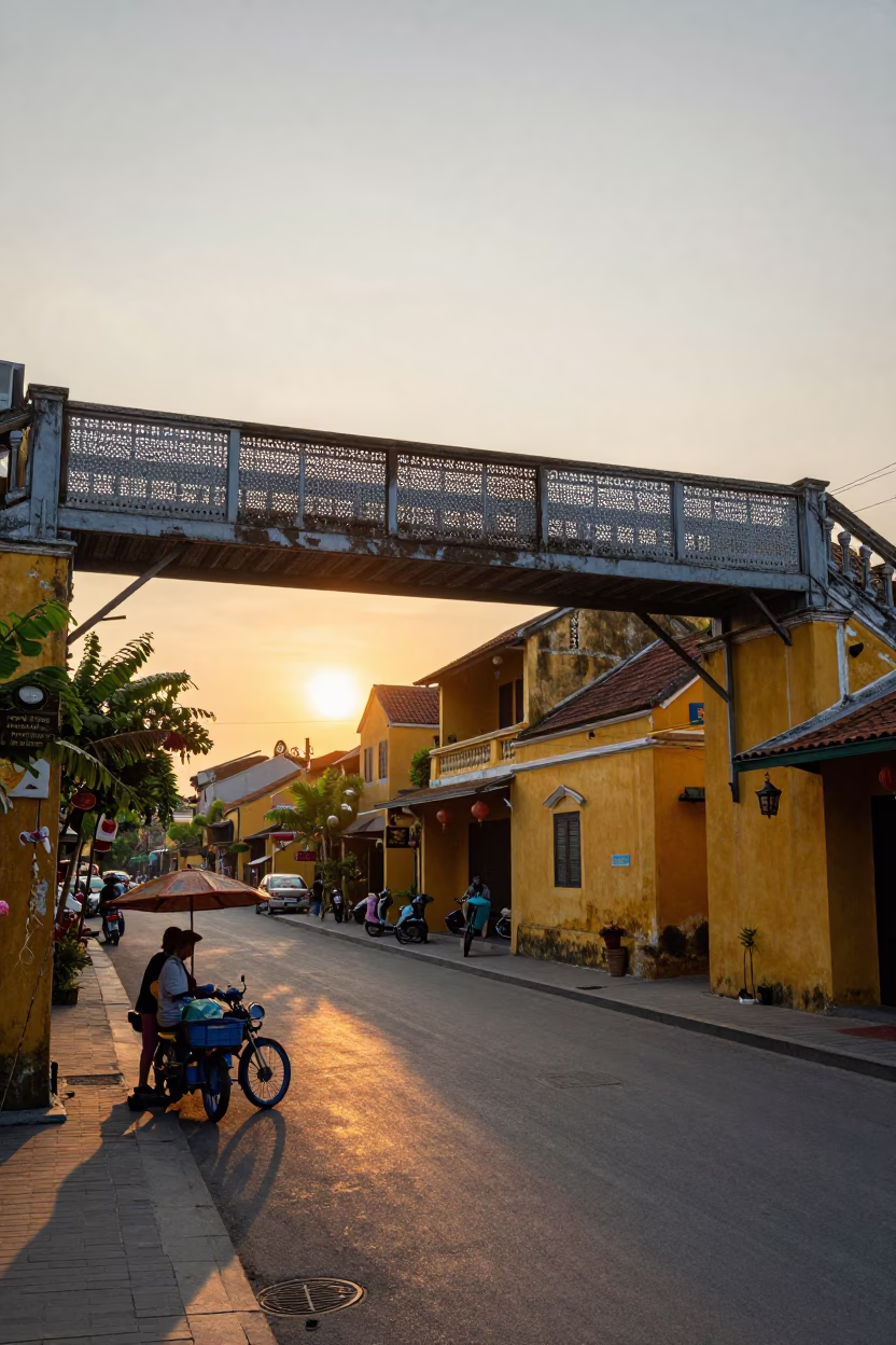 Hoi An Vietnam Street Scene at Sunset with Local Vendor and Pedestrian Overpass in in Hoi An, Vietnam