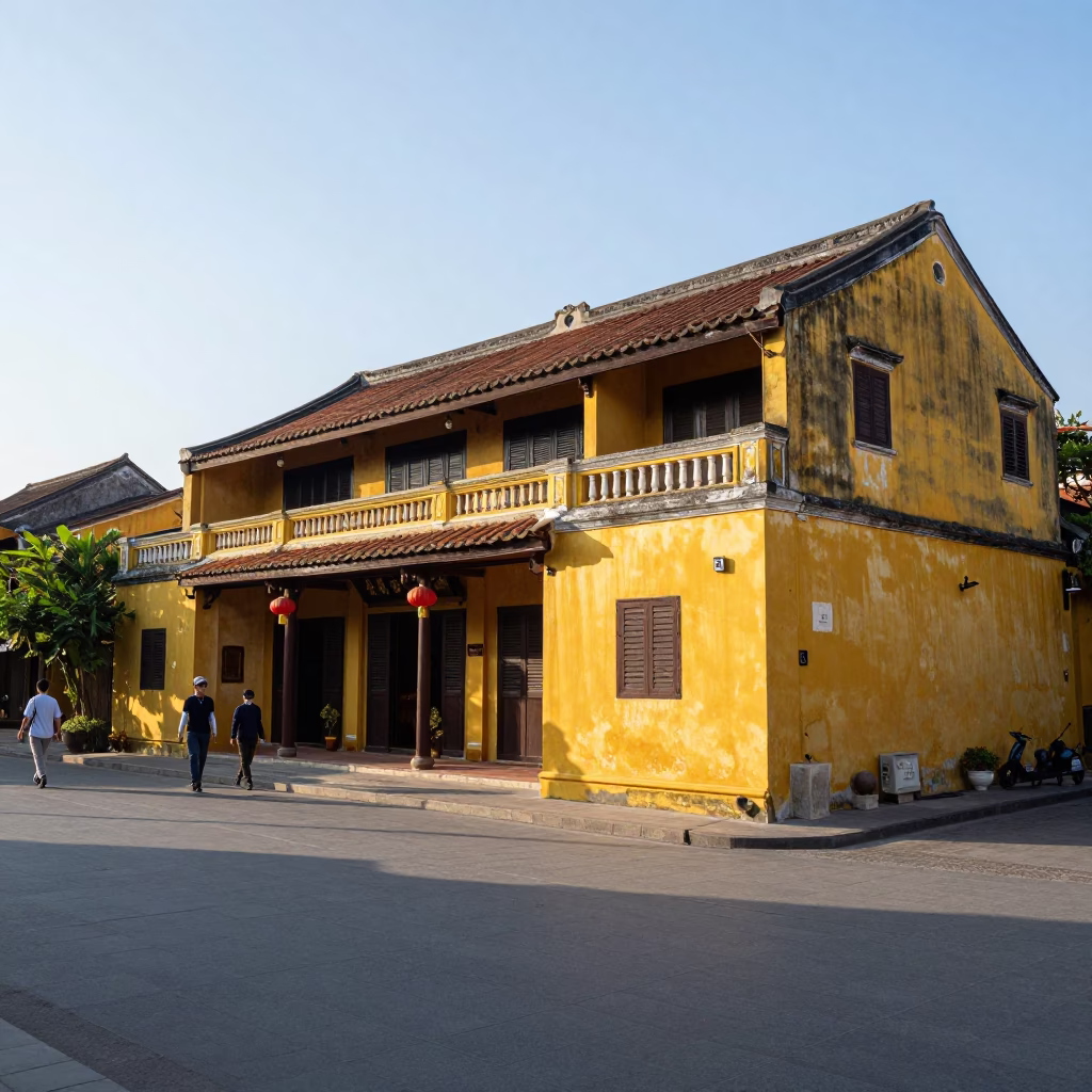 Hoi An Vietnam Street Scene Early Afternoon with Yellow Buildings and Pedestrians in in Hoi An, Vietnam