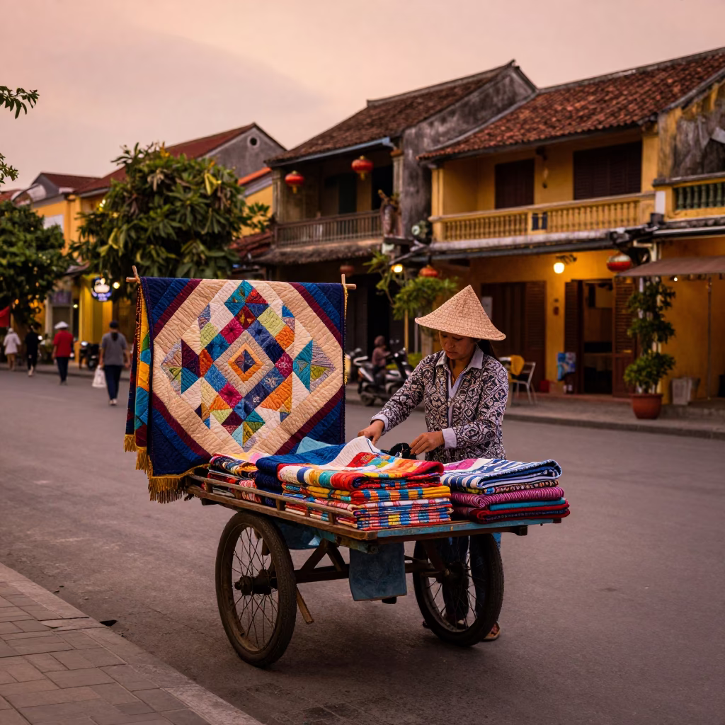 Hoi An Vietnam Street Scene with Quilt Vendor in Copper Dusk Light in in Hoi An, Vietnam