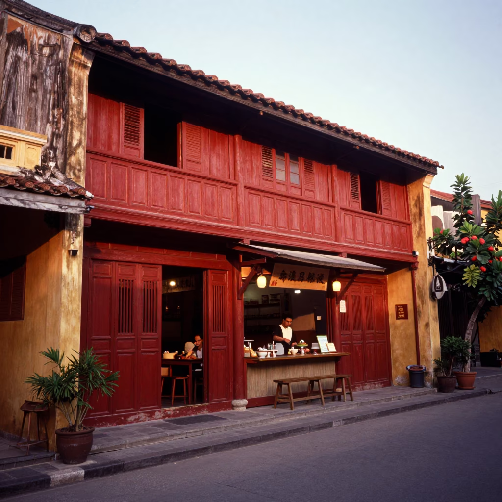 Hoi An Vietnam Street Scene with Red Lacquered Wood and Massaman Curry Before Dusk in in Hoi An, Vietnam