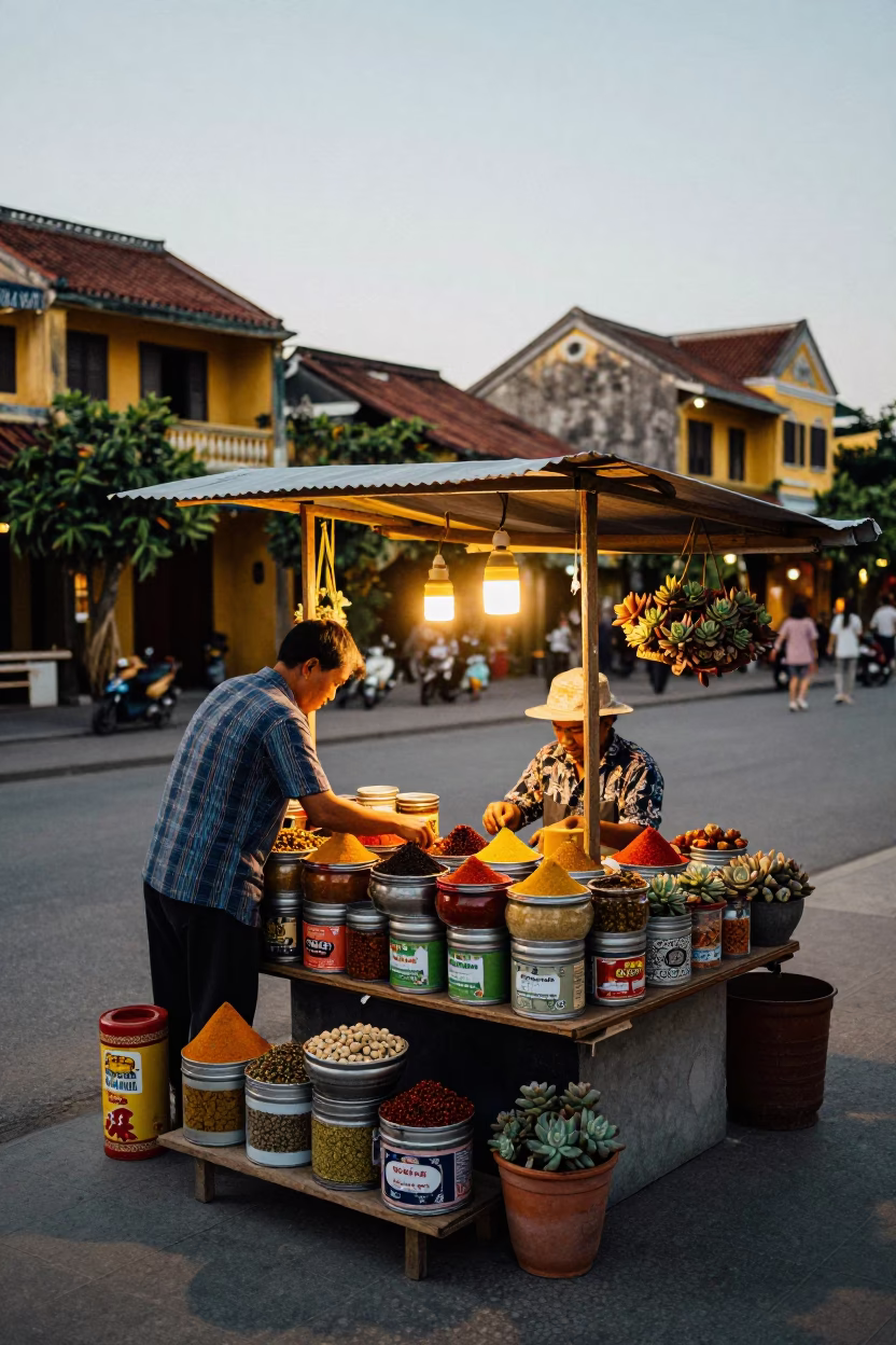 Hoi An Vietnam street scene with spice tins and succulents at golden hour in in Hoi An, Vietnam