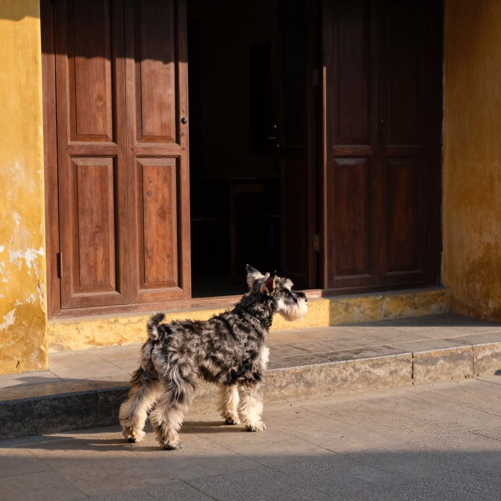 Hoi An Vietnam street scene with Standard Schnauzer and morning light in in Hoi An, Vietnam