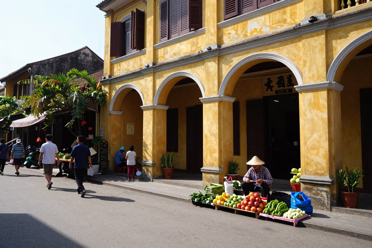 Hoi An Vietnam Street Scene with Yellow Building and Local Market Goods in in Hoi An, Vietnam