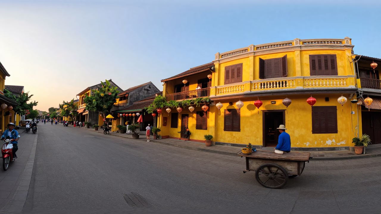 Hoi An Vietnam Street Scene with Yellow Buildings and Lanterns at Golden Hour in in Hoi An, Vietnam
