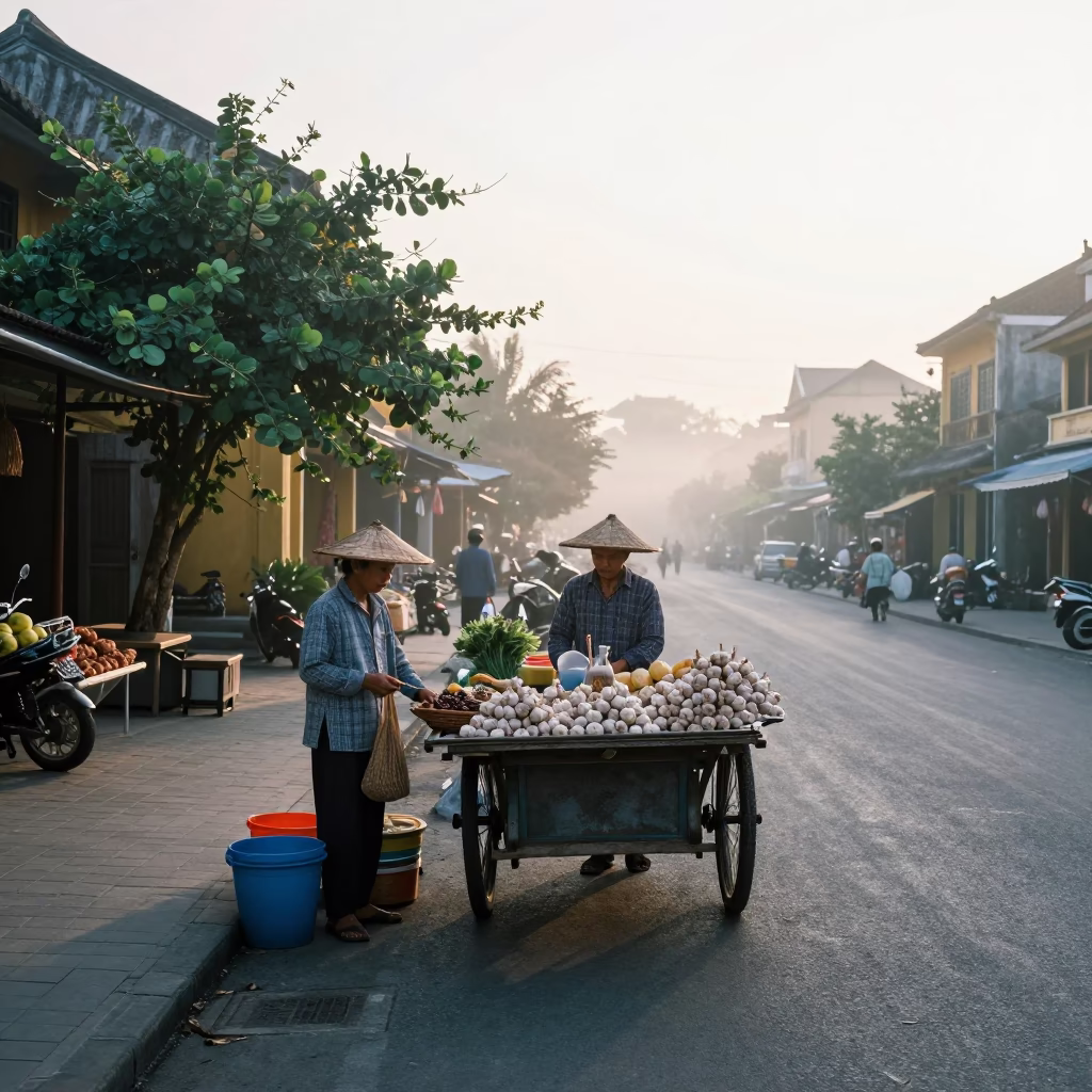 Hoi An Vietnam Sunrise Morning Market Scene with Garlic and Local Vendors in in Hoi An, Vietnam
