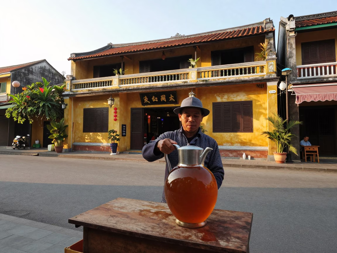 Hoi An Vietnam Sunrise Street Scene with Ceramic Pitcher and Local Commerce in in Hoi An, Vietnam