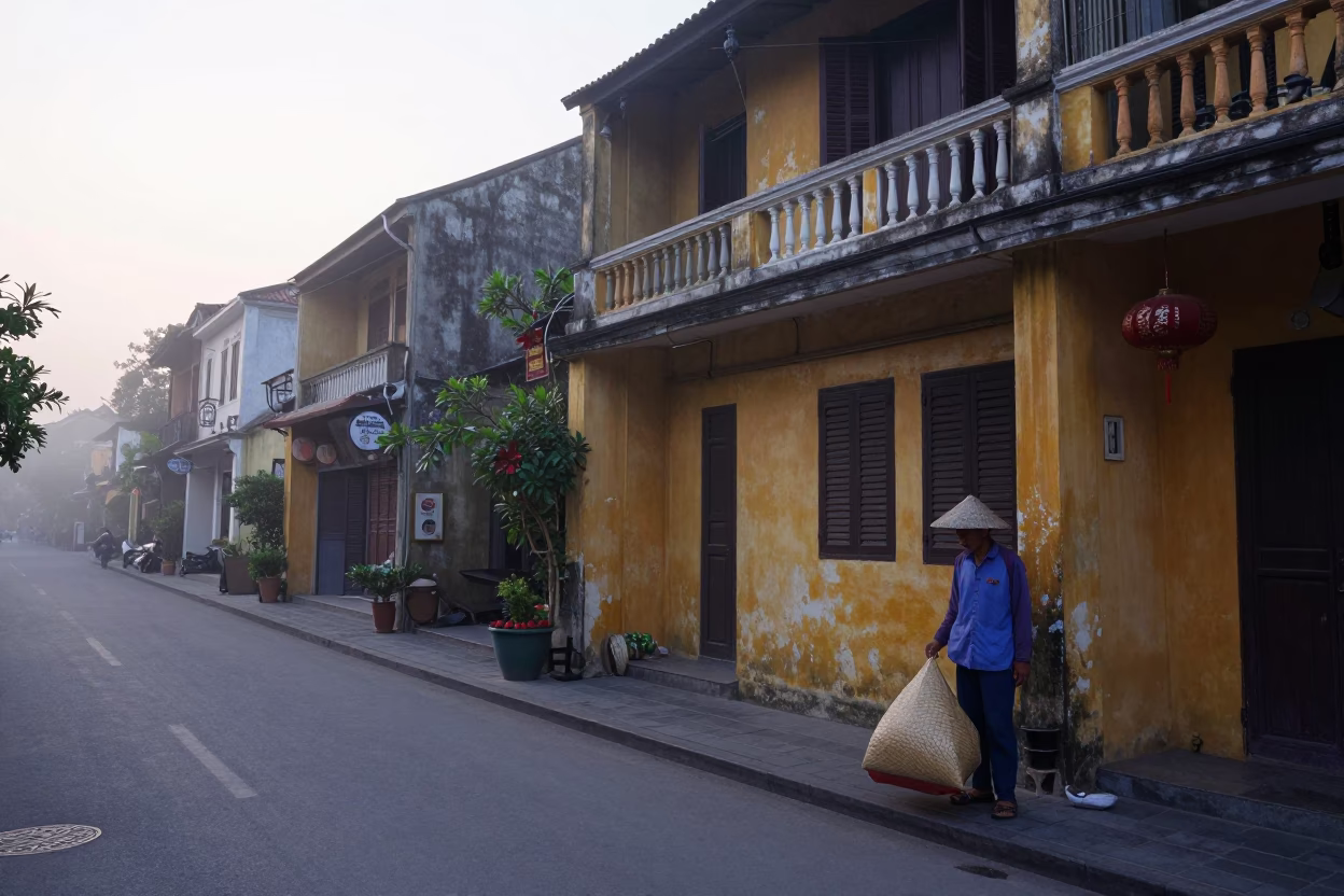 Hoi An Vietnam Sunrise Street Scene with Local Vendor and Woven Basket in in Hoi An, Vietnam