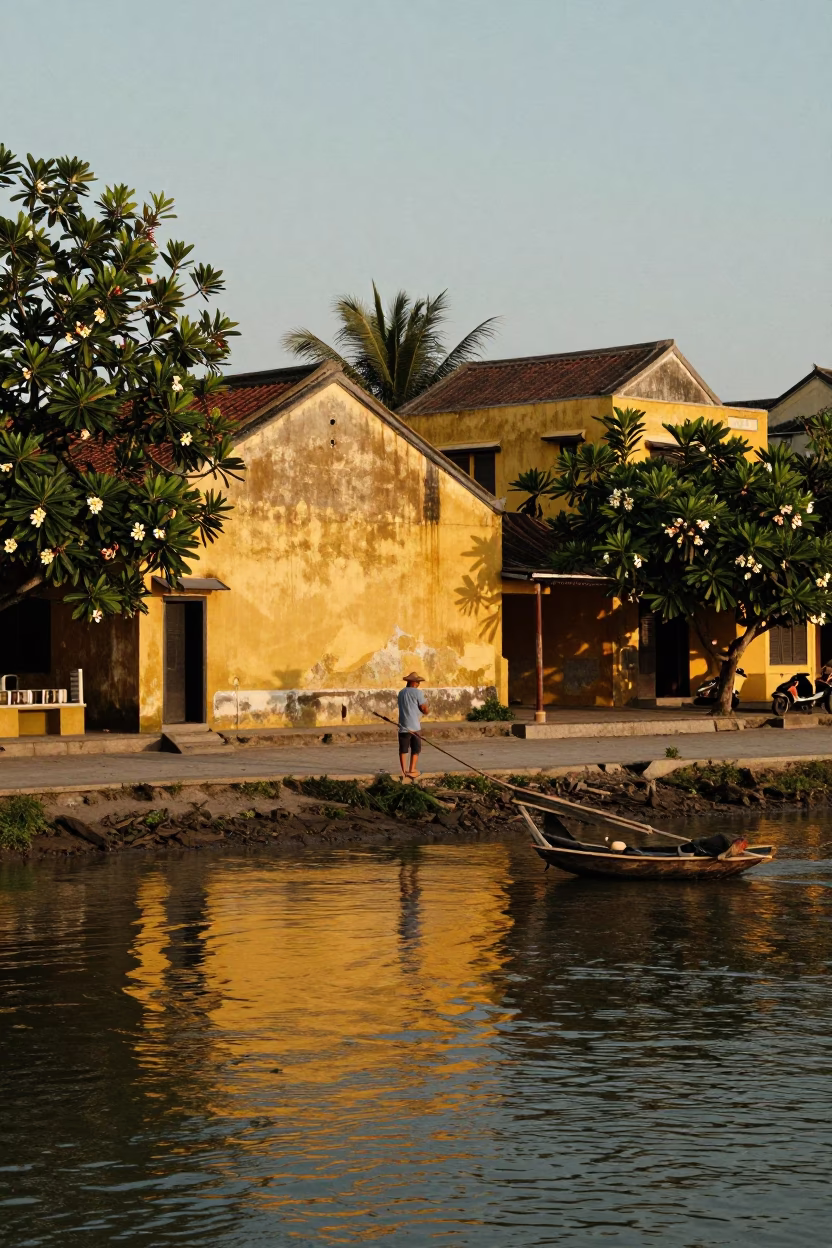 Hoi An Vietnam Sunset River Scene with Water Carrier and Frangipani Flowers in in Hoi An, Vietnam