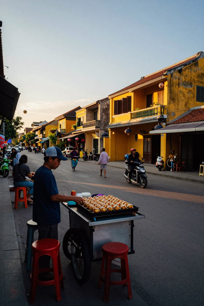 Hoi An Vietnam Sunset Street Scene with Bar Stools and Takoyaki in in Hoi An, Vietnam