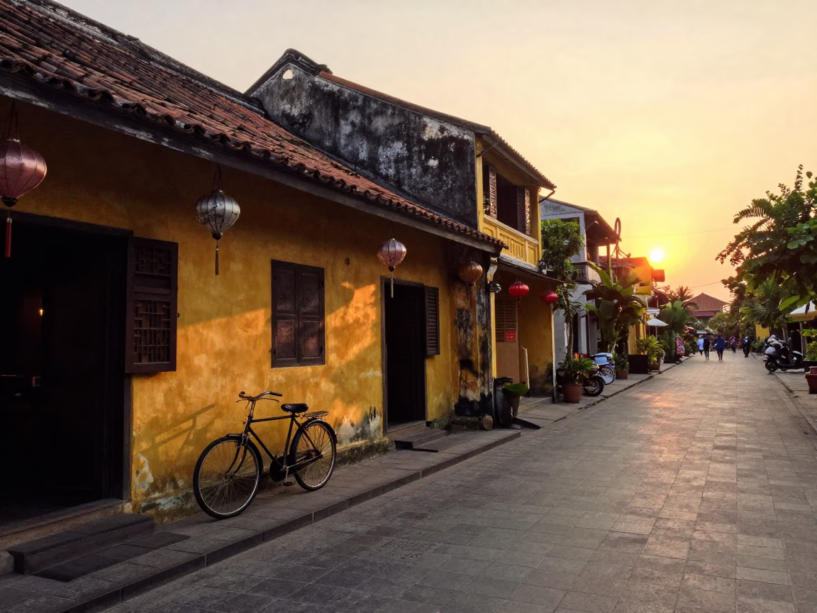 Hoi An Vietnam Sunset Street Scene with Bicycle and Traditional Lanterns in in Hoi An, Vietnam