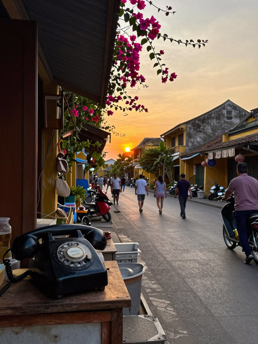Hoi An Vietnam Sunset Street Scene with Bougainvillea and Vintage Phone in in Hoi An, Vietnam