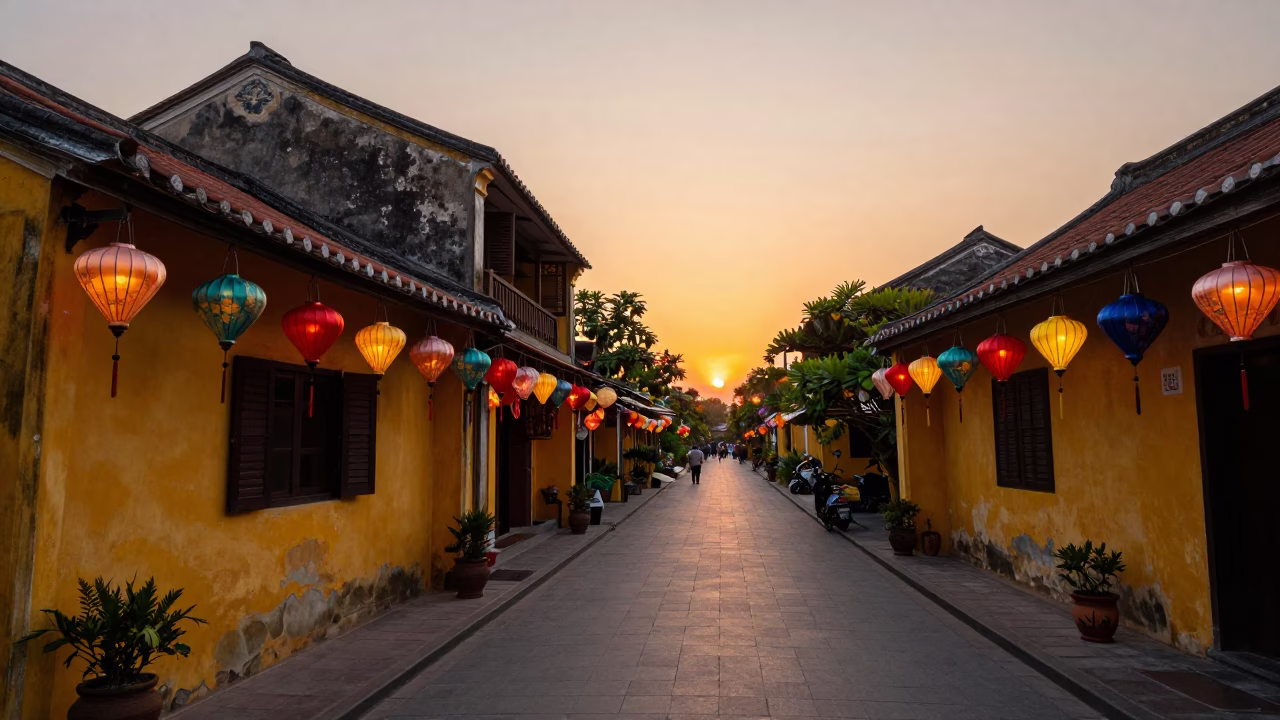 Hoi An Vietnam Sunset Street Scene with Colorful Lanterns and Traditional Architecture in in Hoi An, Vietnam