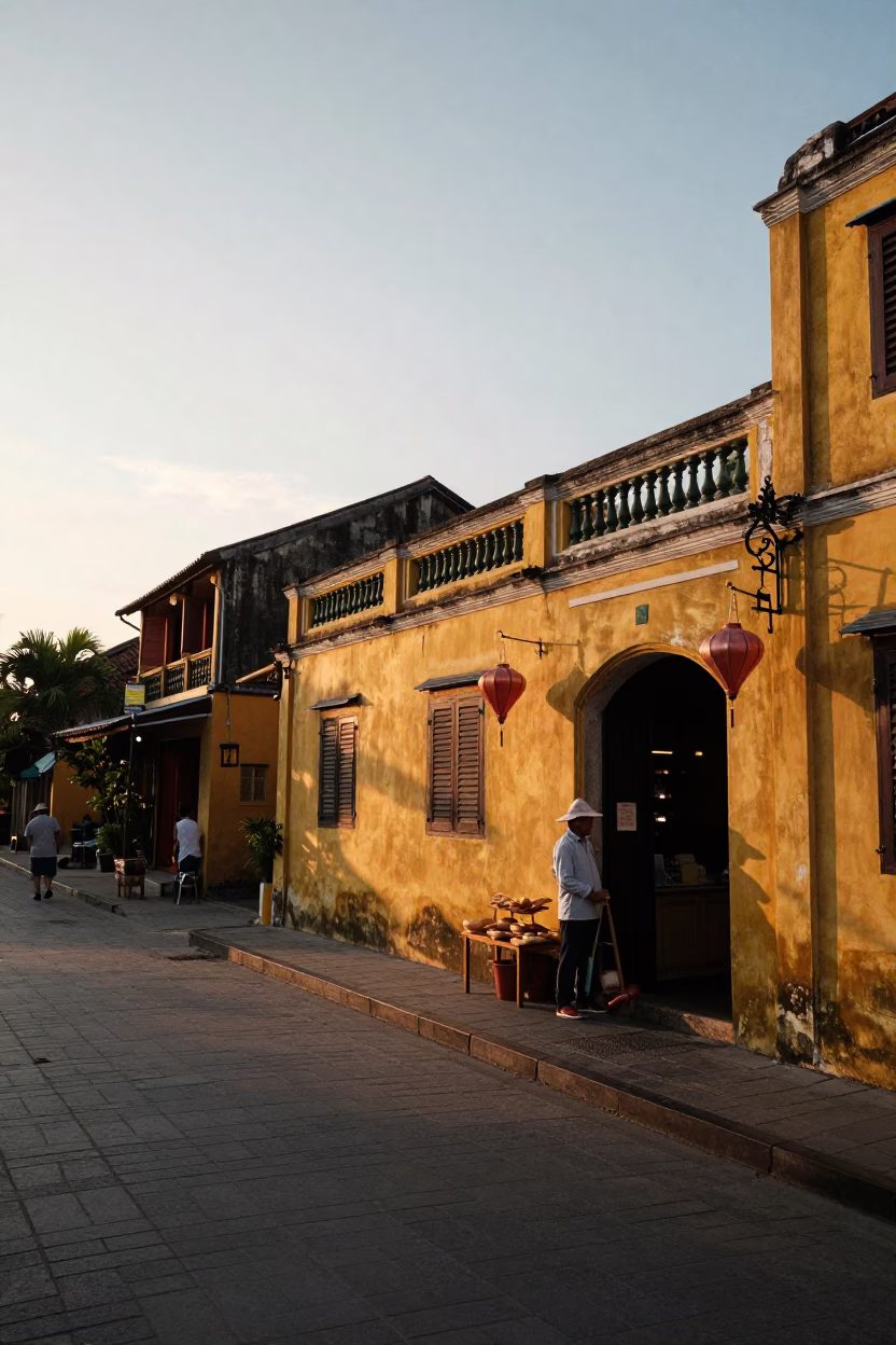 Hoi An Vietnam Sunset Street Scene with French Baguettes and Lanterns in in Hoi An, Vietnam