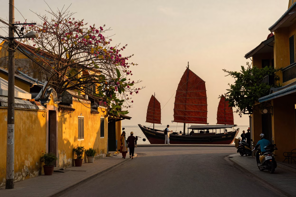 Hoi An Vietnam Sunset Street Scene with Junk Boat and Spring Rolls in in Hoi An, Vietnam