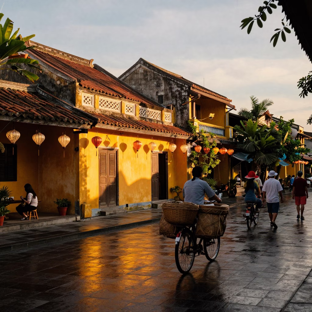 Hoi An Vietnam Sunset Street Scene with Lanterns and Local Activity in in Hoi An, Vietnam