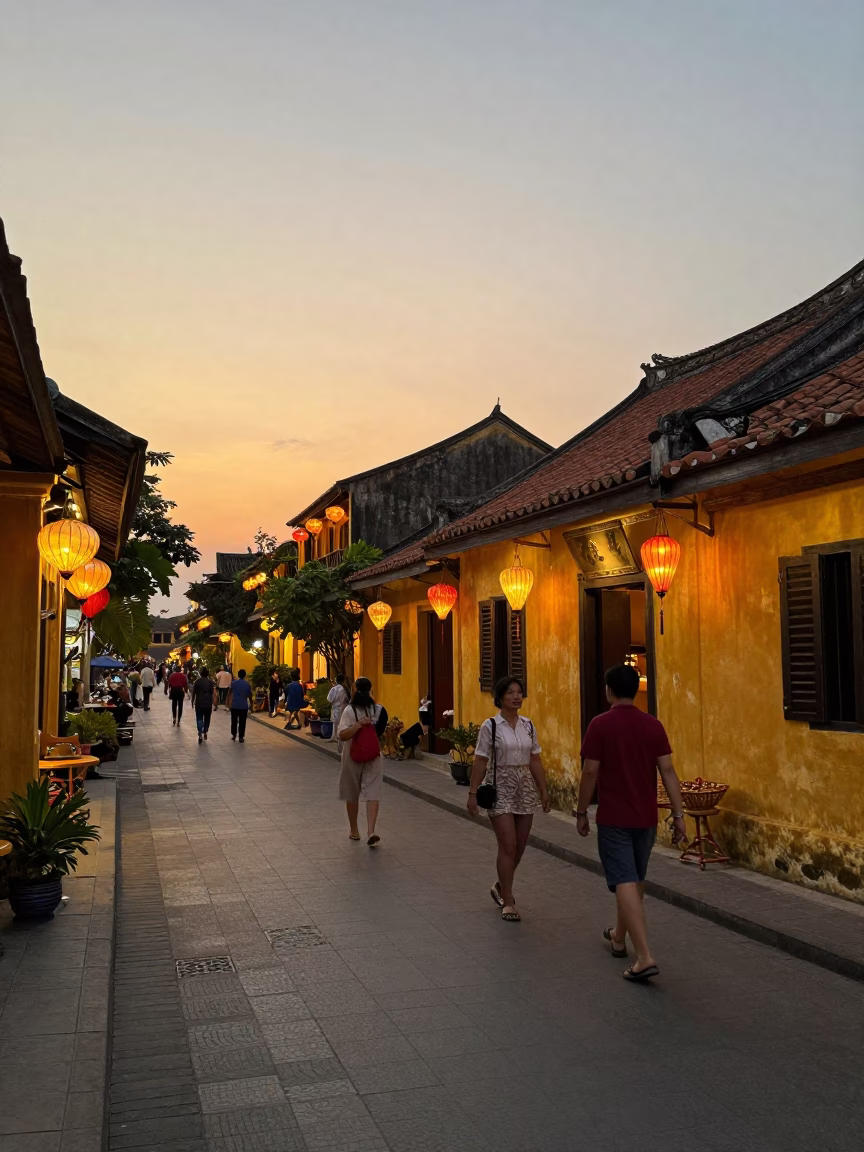 Hoi An Vietnam sunset street scene with lanterns and local life in in Hoi An, Vietnam