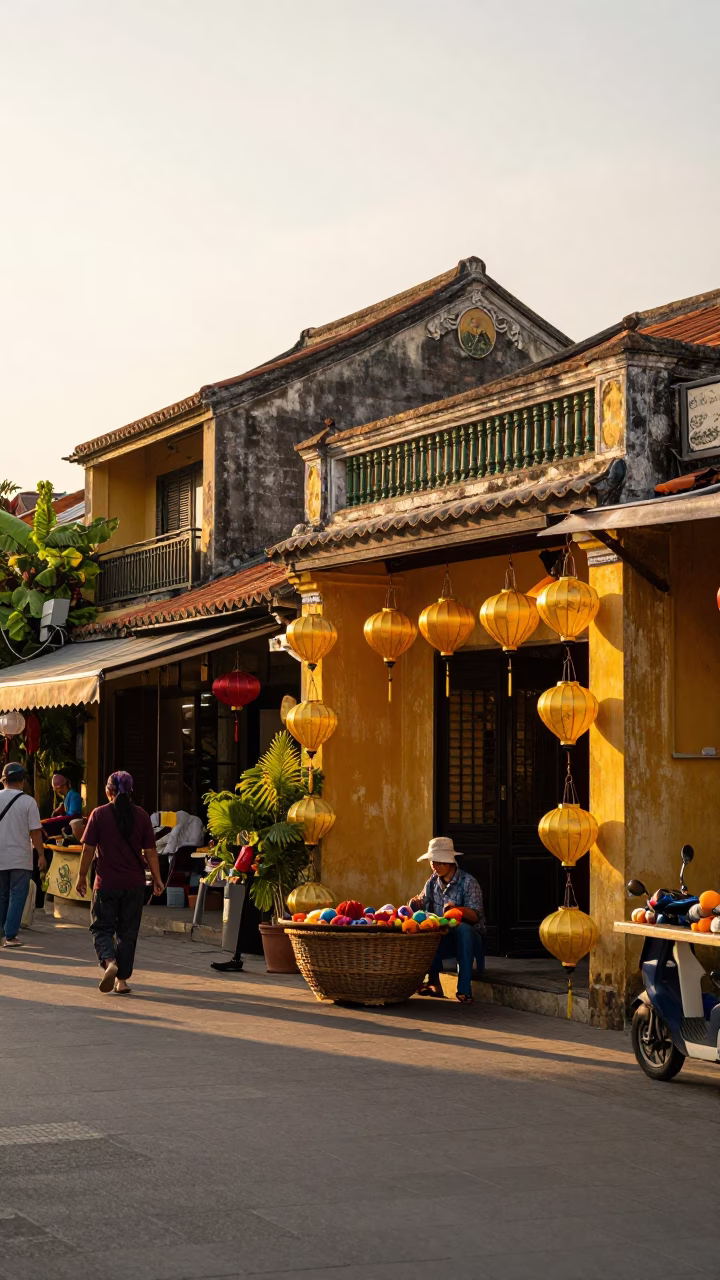Hoi An Vietnam Sunset Street Scene with Lanterns and Local Market Activity in in Hoi An, Vietnam