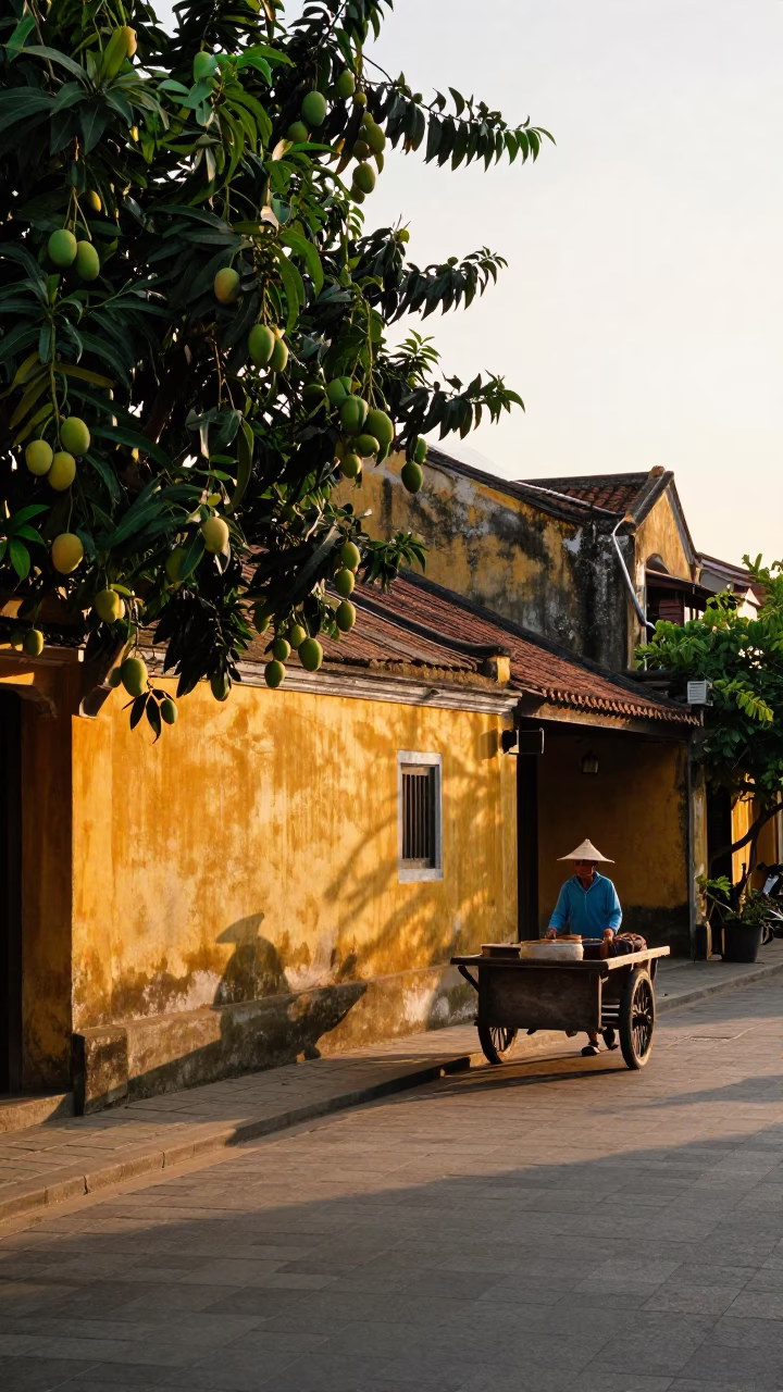 Hoi An Vietnam Sunset Street Scene with Mangoes and Traditional Architecture in in Hoi An, Vietnam