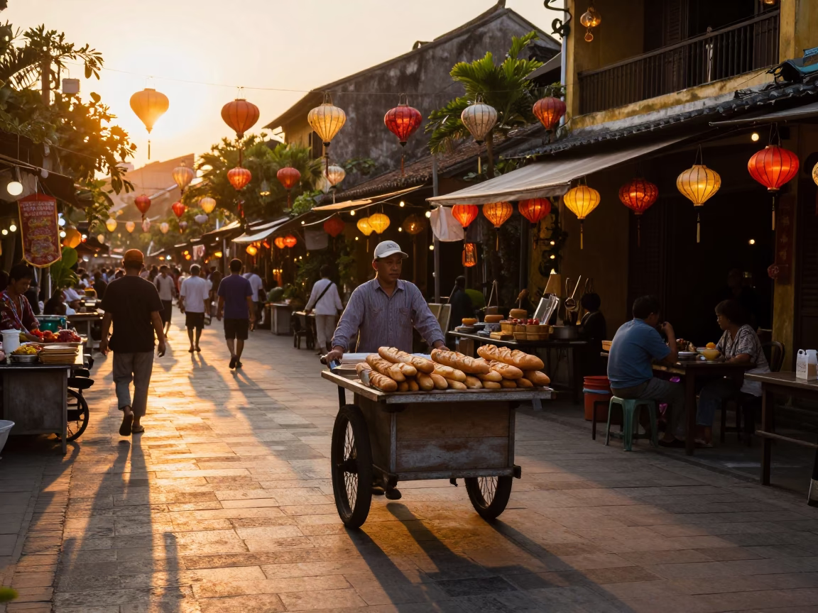 Hoi An Vietnam Sunset Street Scene with Paper Lanterns and Rolling Carts in in Hoi An, Vietnam