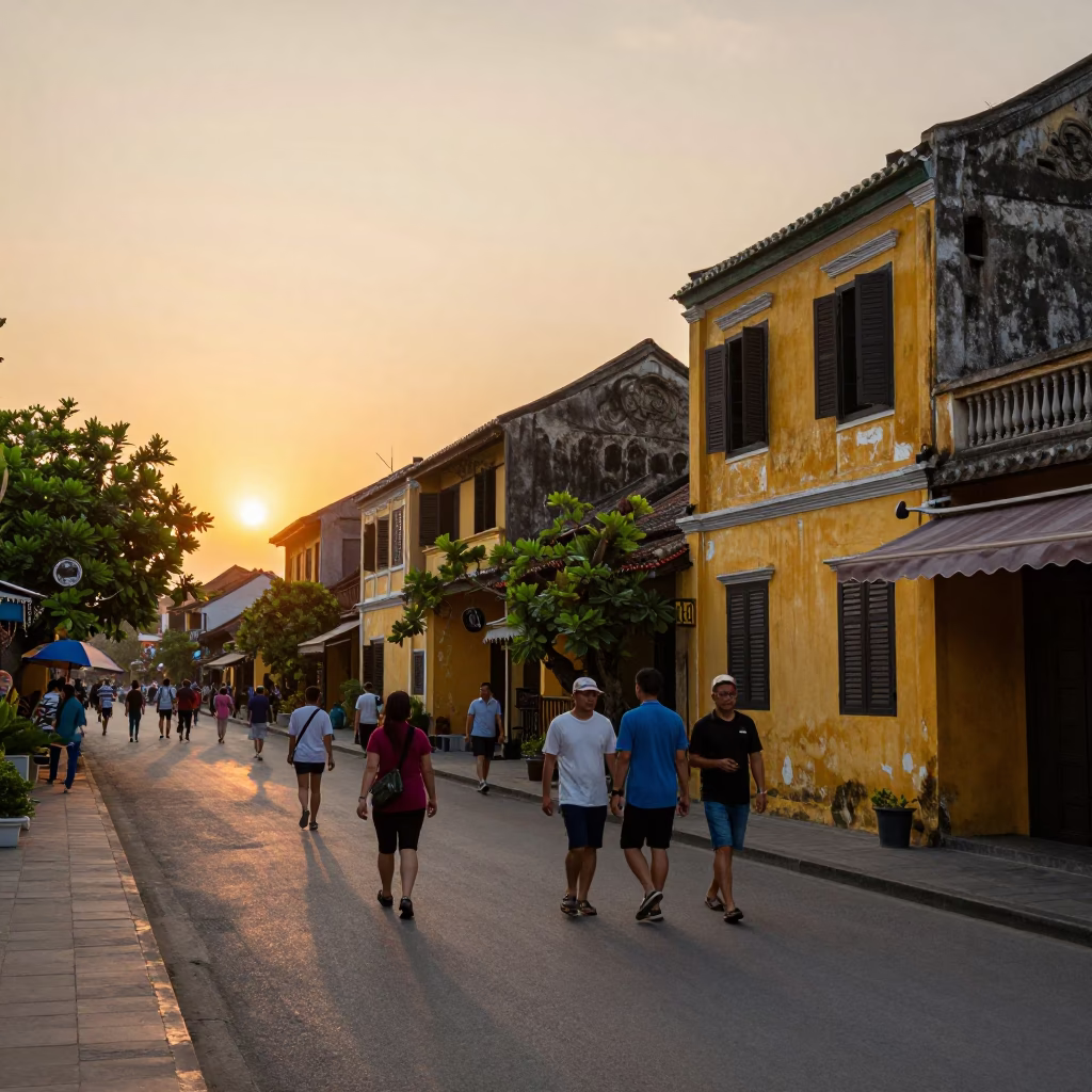 Hoi An Vietnam Sunset Street Scene with Pedestrians and Traditional Architecture in in Hoi An, Vietnam
