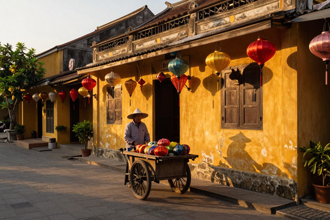 Hoi An Vietnam Sunset Street Scene with Traditional Lanterns and Local Commerce in in Hoi An, Vietnam
