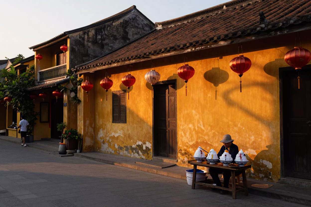 Hoi An Vietnam Sunset Street Scene with Traditional Lanterns and Local Market Activity in in Hoi An, Vietnam