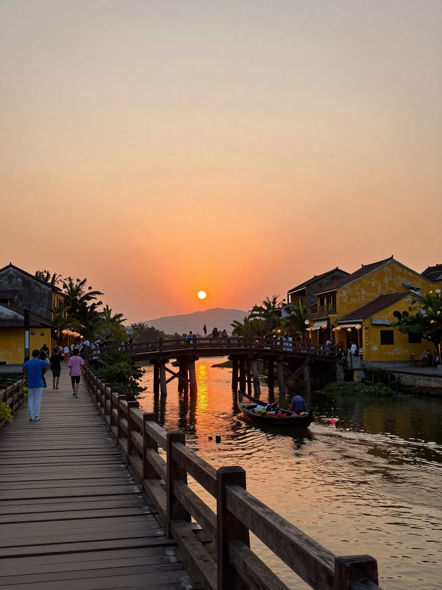 Hoi An Vietnam Sunset Street Scene with Traditional Lanterns and Local Traffic in in Hoi An, Vietnam