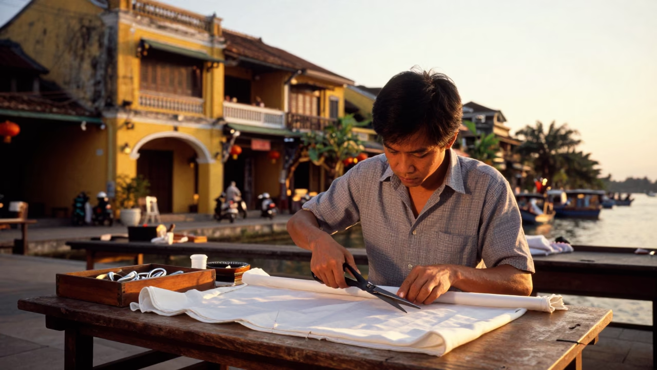 Hoi An Vietnam Tailor Shears and Silk Textiles in Sunset Light in in Hoi An, Vietnam