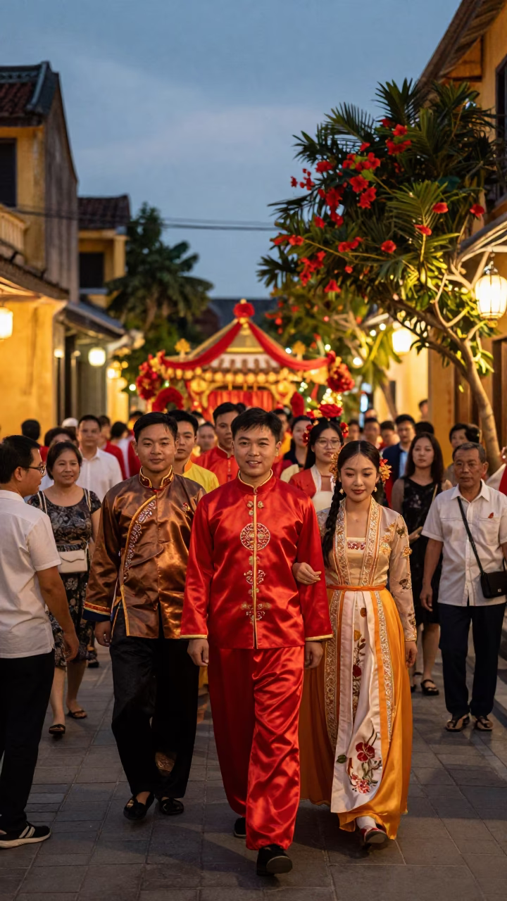 Hoi An Vietnam Traditional Wedding Procession in Copper Toned Light Before Dusk in in Hoi An, Vietnam