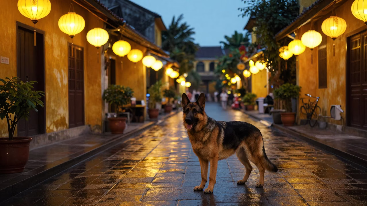 Hoi An Vietnam Twilight Street Scene with German Shepherd Dog Near Lanterns in in Hoi An, Vietnam