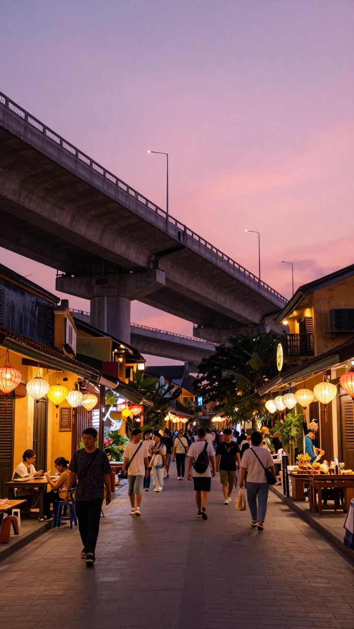 Hoi An Vietnam Twilight Street Scene with Highway Flyover and Lanterns in in Hoi An, Vietnam