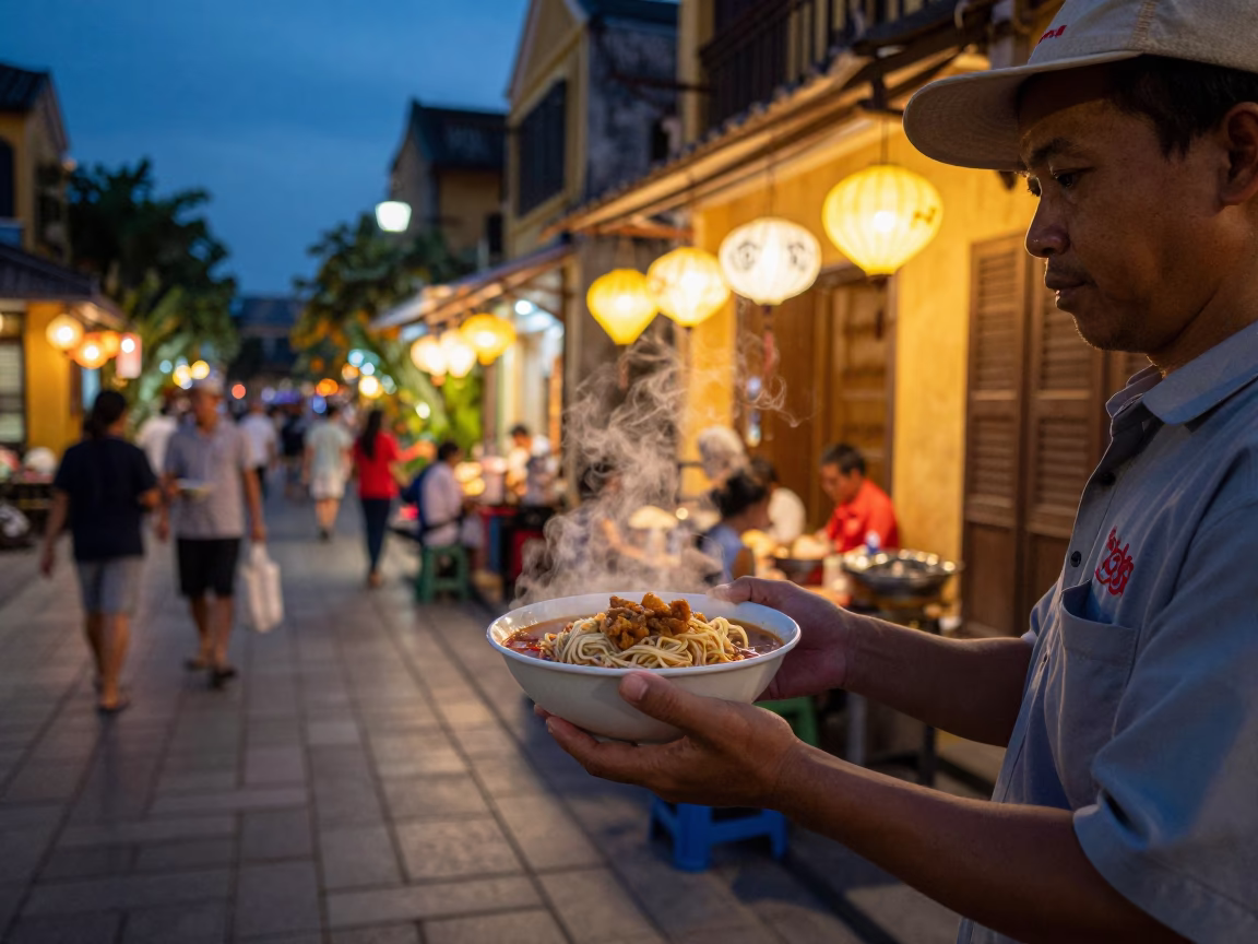 Hoi An Vietnam Twilight Street Scene with Laksa Lemak and Local Dining in in Hoi An, Vietnam