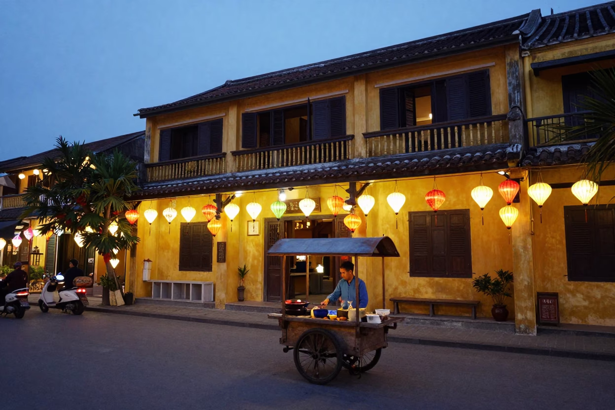 Hoi An Vietnam Twilight Street Scene with Lanterns and Local Activity in in Hoi An, Vietnam