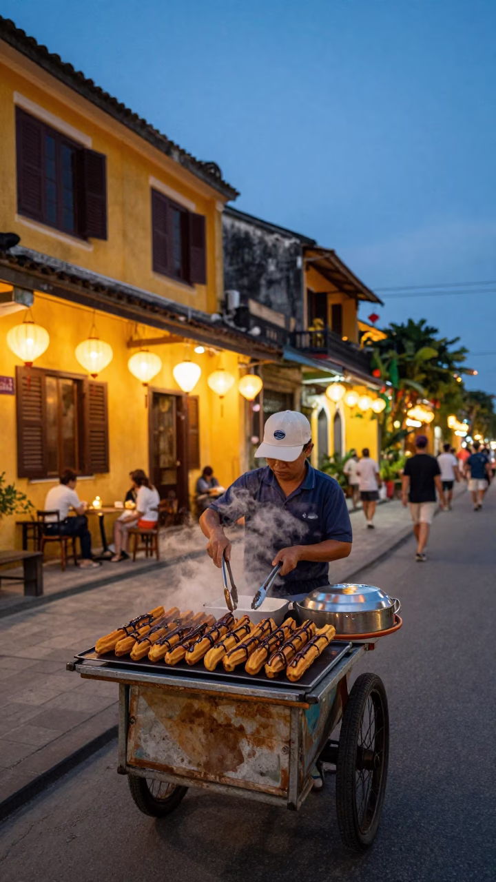 Hoi An Vietnam Twilight Street Scene with Lanterns and Local Vendors in in Hoi An, Vietnam