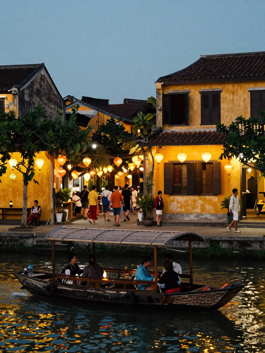 Hoi An Vietnam Twilight Street Scene with Lanterns and River Activity in in Hoi An, Vietnam