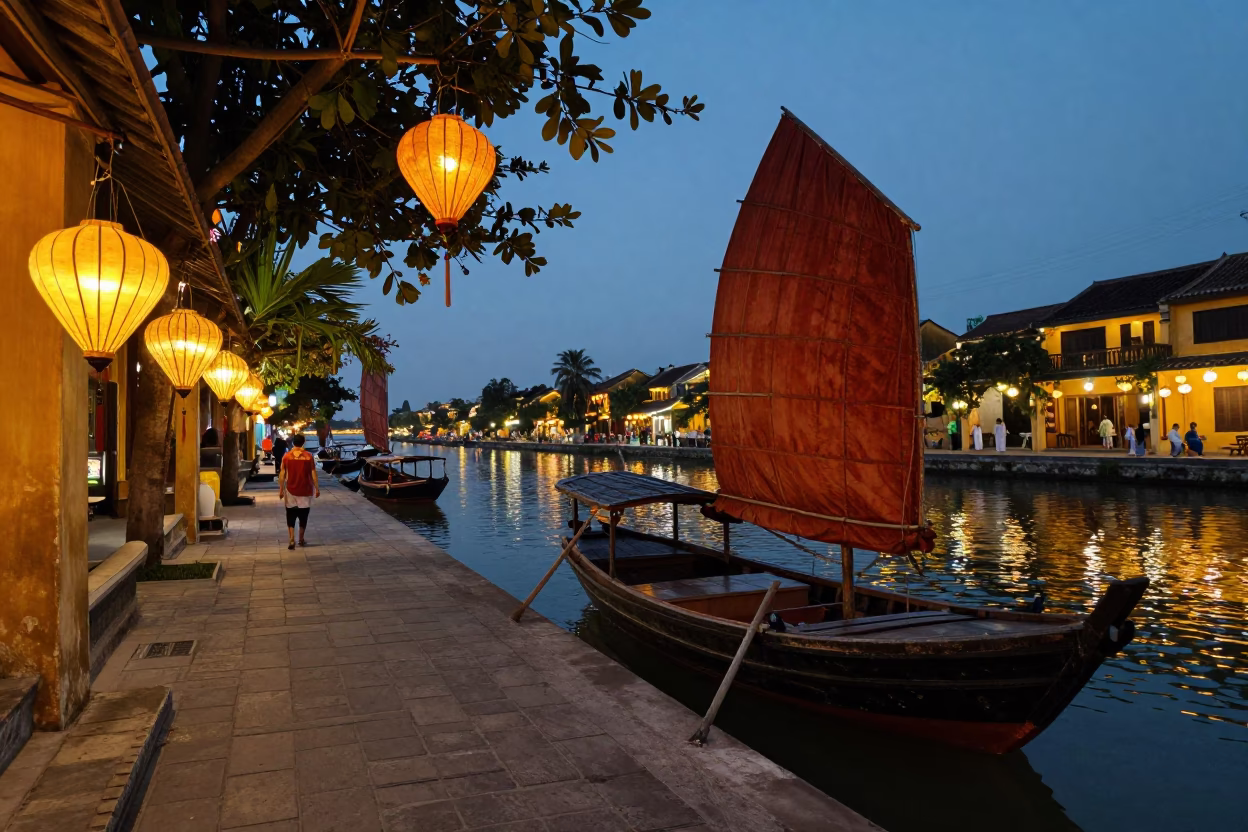 Hoi An Vietnam Twilight Street Scene with Lanterns and River View in in Hoi An, Vietnam