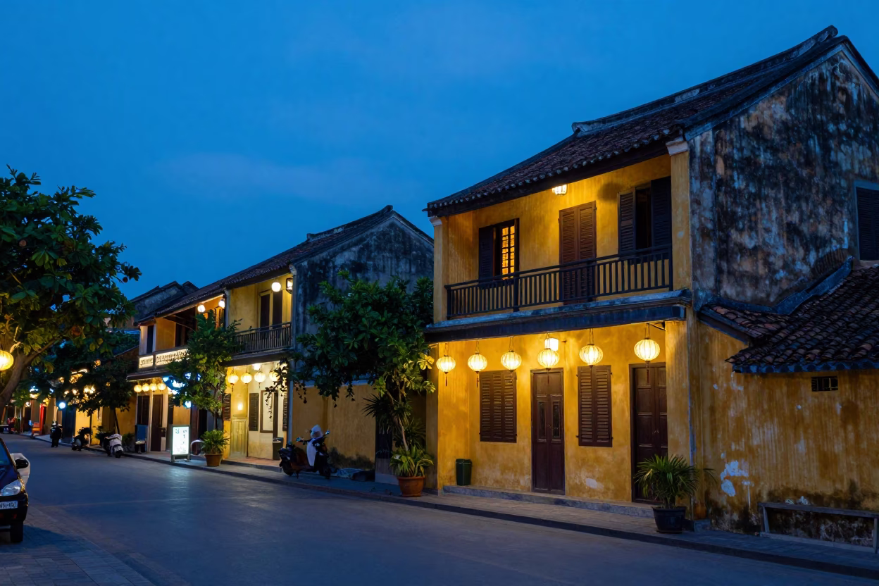 Hoi An Vietnam Twilight Street Scene with Lanterns and Traditional Architecture in in Hoi An, Vietnam