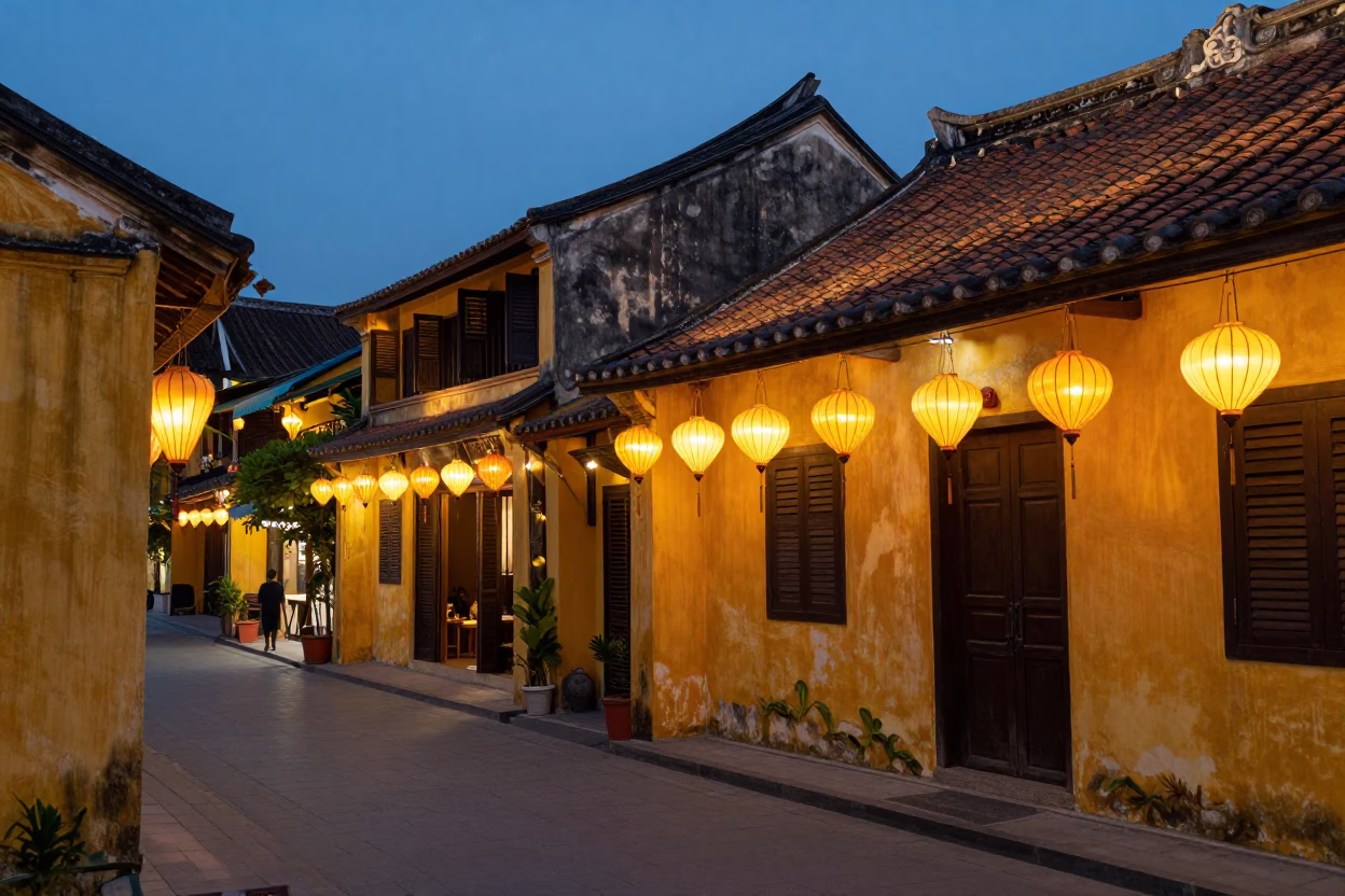 Hoi An Vietnam twilight street scene with lanterns glowing on ancient architecture in in Hoi An, Vietnam