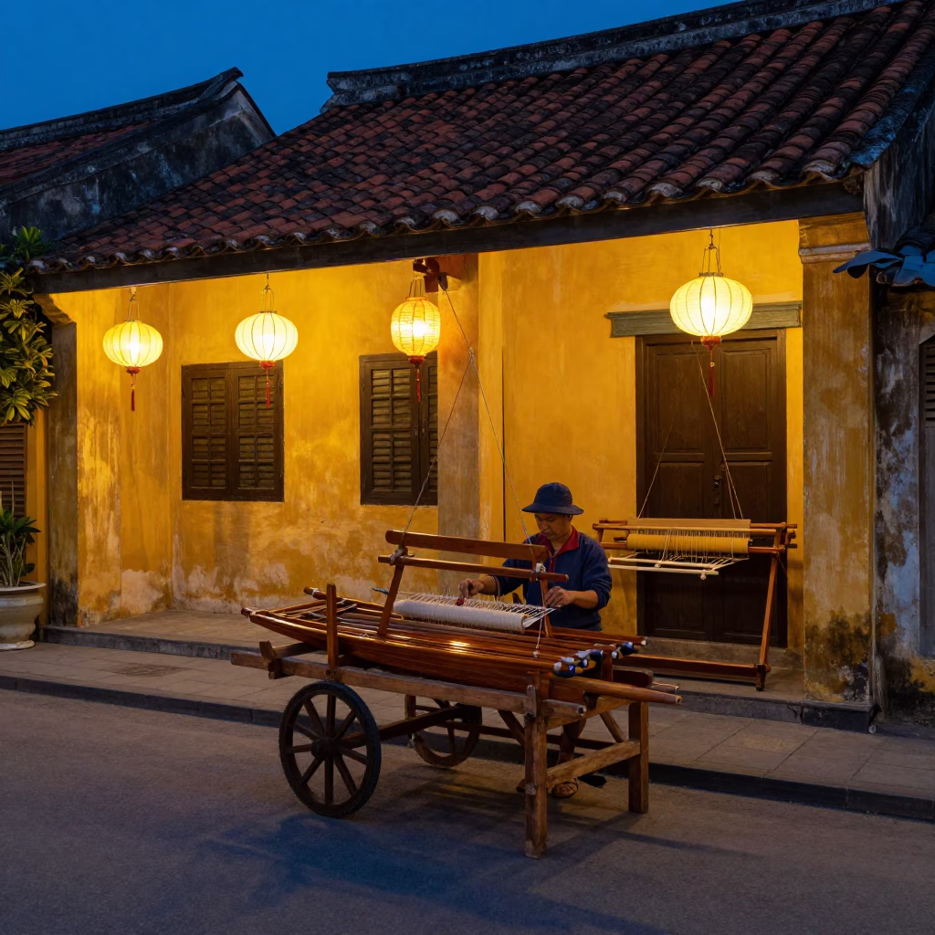 Hoi An Vietnam Twilight Street Scene with Loom Shuttle and Traditional Architecture in in Hoi An, Vietnam