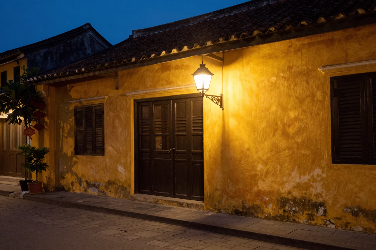 Hoi An Vietnam Twilight Street Scene with Vintage Lamp and Local Commerce in in Hoi An, Vietnam