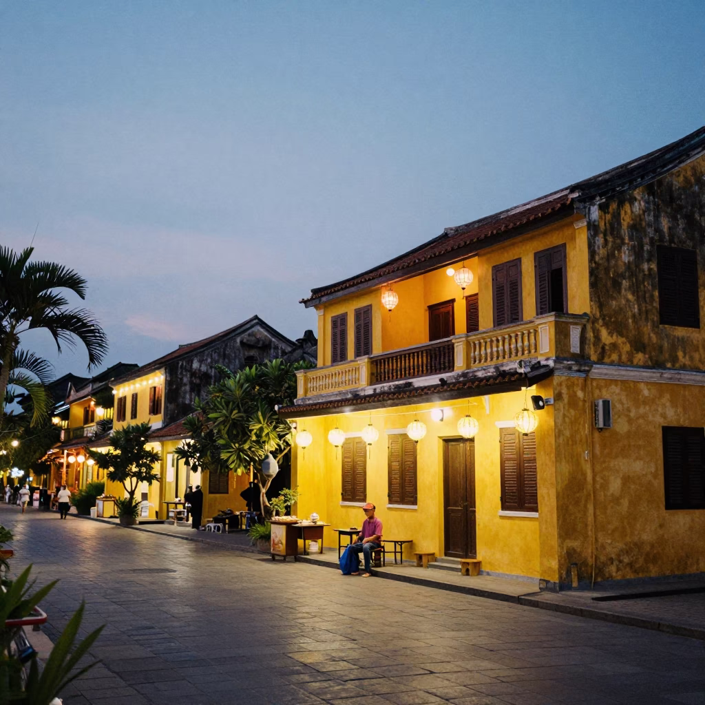 Hoi An Vietnam Twilight Street Scene with Yellow Buildings and Lanterns in in Hoi An, Vietnam