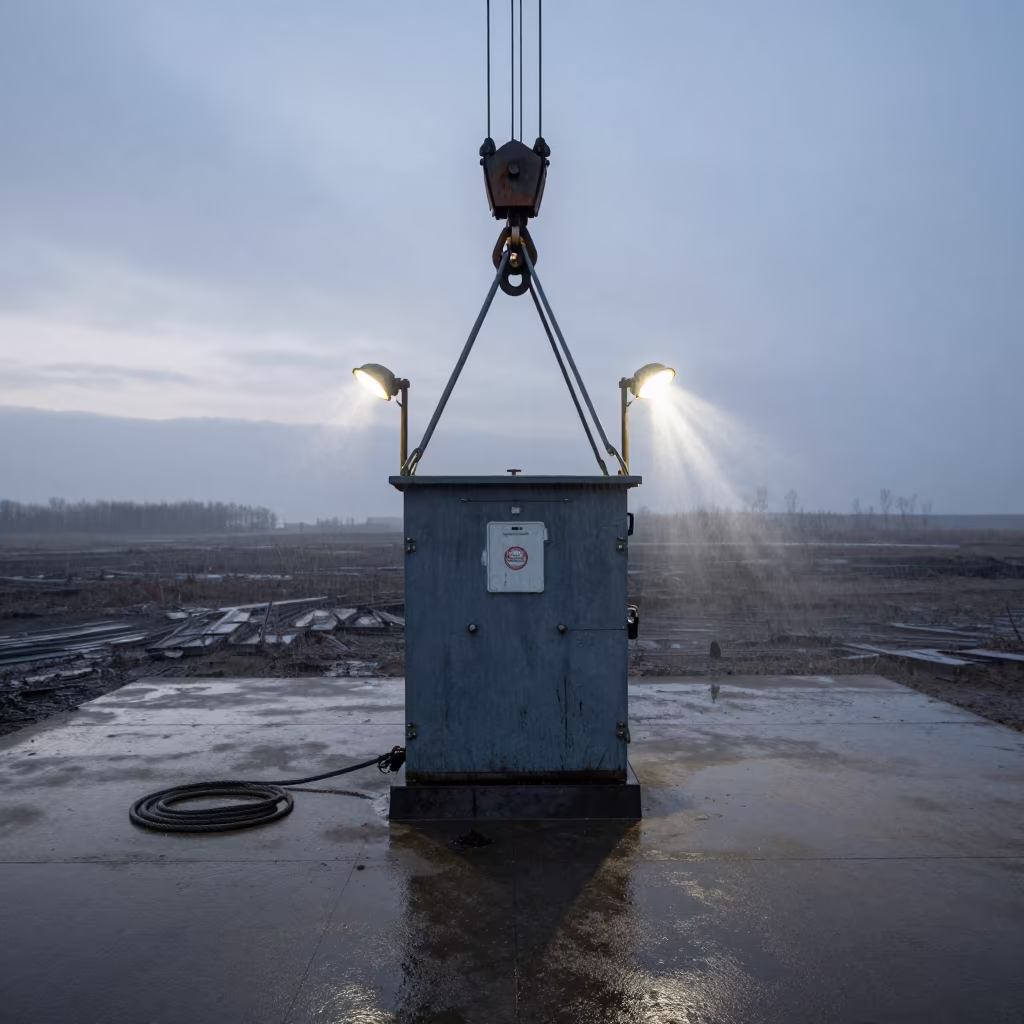 Hoist Call Station Under Crane in Dawn Light in beneath a tower crane on open ground in the Russian Far East