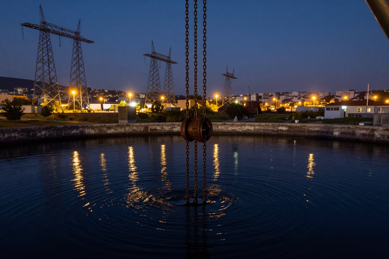 Hoist Chain Dripping Beside Black Water in Bosnia in beneath transmission towers in Bosnia and Herzegovina