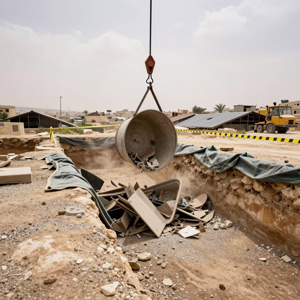 Hoist Debris Pan at Amman Construction Excavation in inside a taped-off excavation edge in Amman