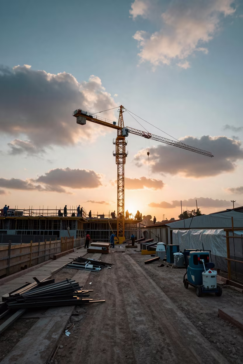 Hoist Debris Pan Sunset Construction Site Tacna in beneath a tower crane on open ground near Tacna