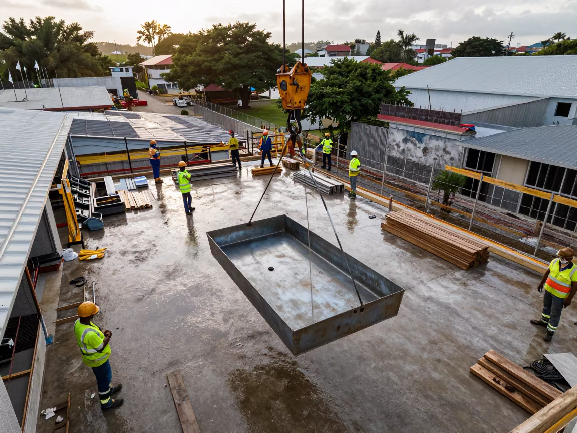 Hoist Debris Pan on Wet Construction Deck in on an active construction deck near Santos