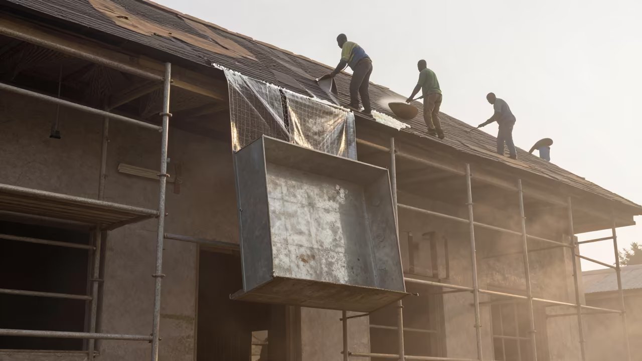 Hoist Pan on Scaffolded Facade in Nyala in along a scaffolded facade in Nyala