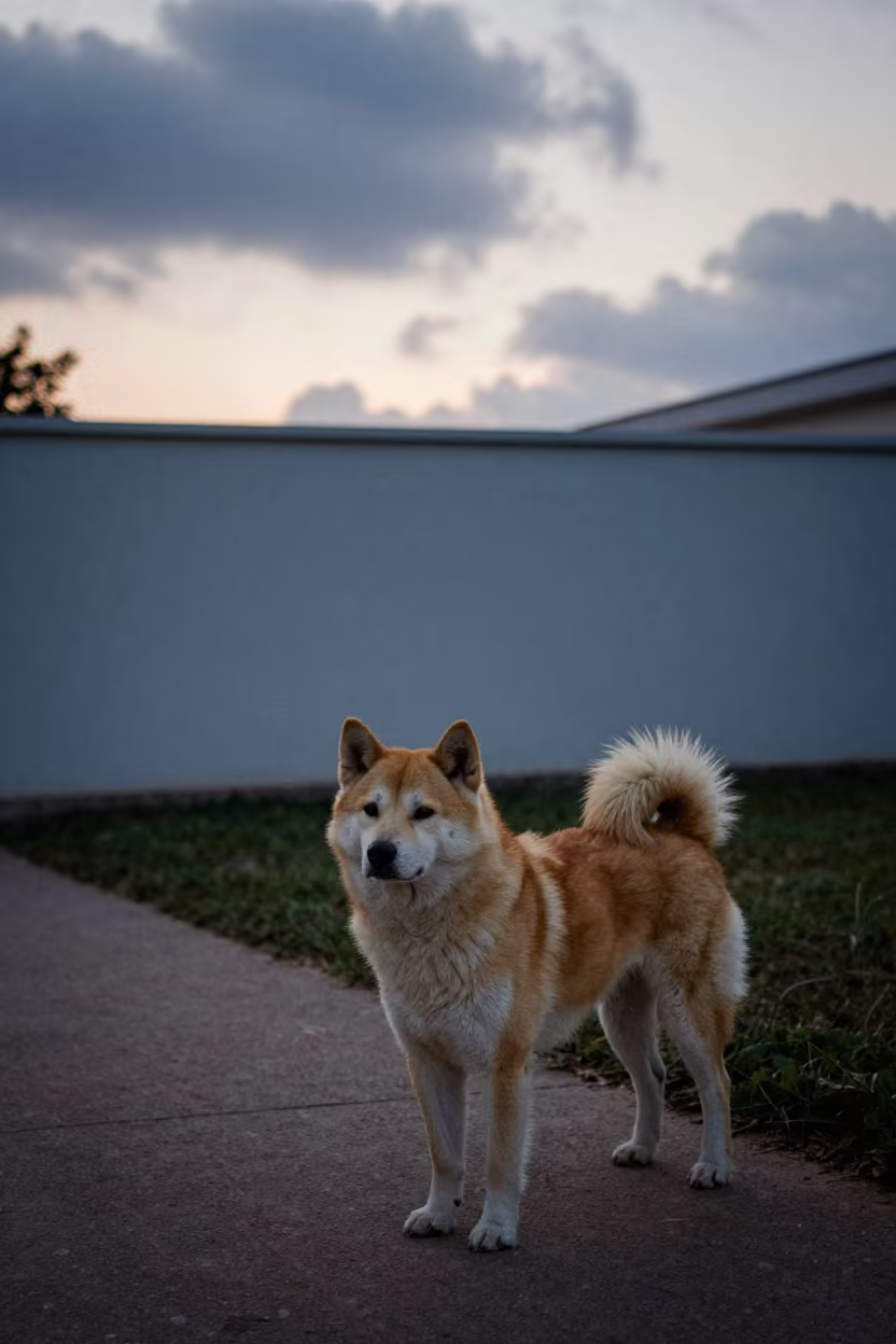 Hokkaido Dog on Quiet Bauchi Park Path in beside a plain courtyard wall in clear daylight with the animal at eye level in Bauchi
